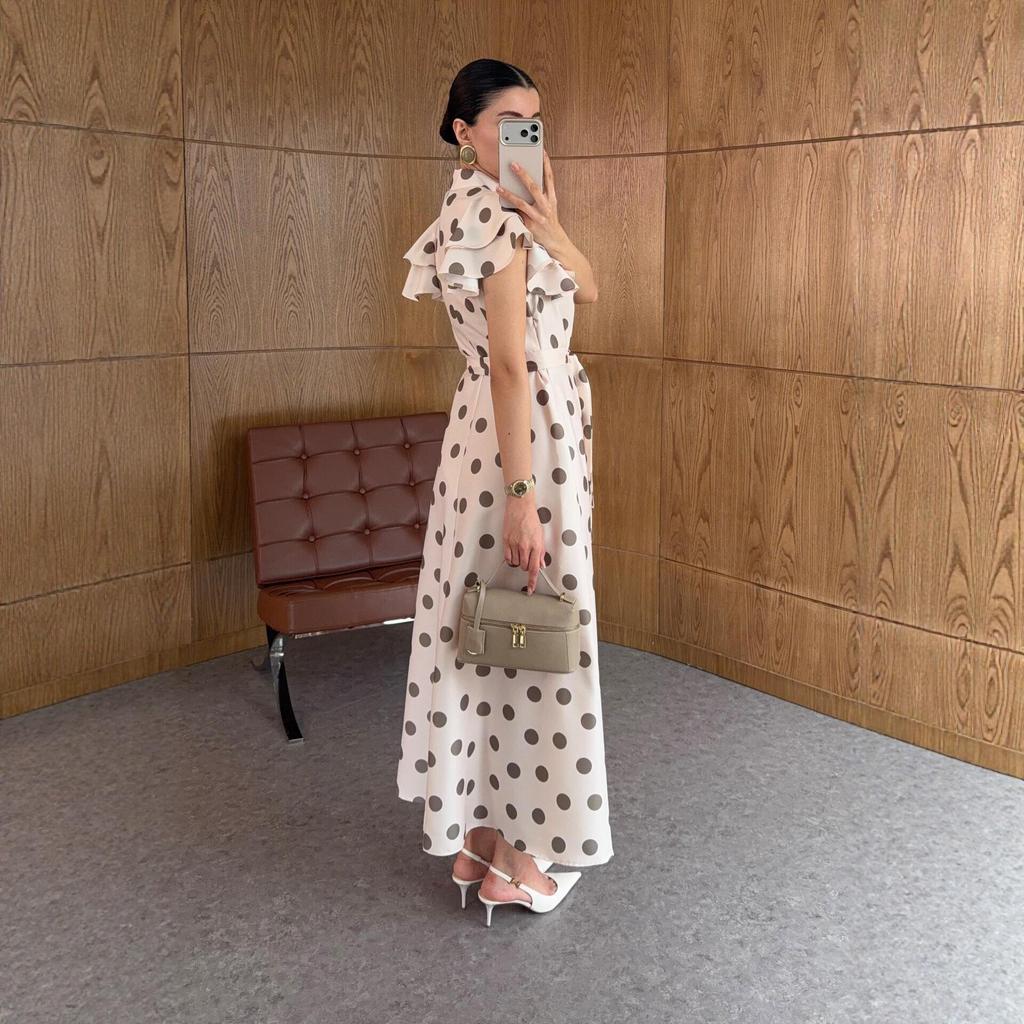 2026 European Retro Polka Dot Puff Sleeve Lace-up Slimming Dress