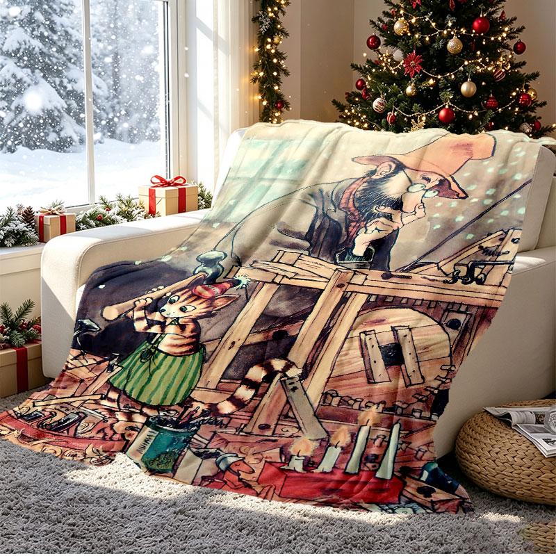 Pettersson und Findus Pattern Blanket for Home Decoration, Bed, Sofa, Car Travel, Camping, Suitable for All Seasons, Birthday Christmas Gift