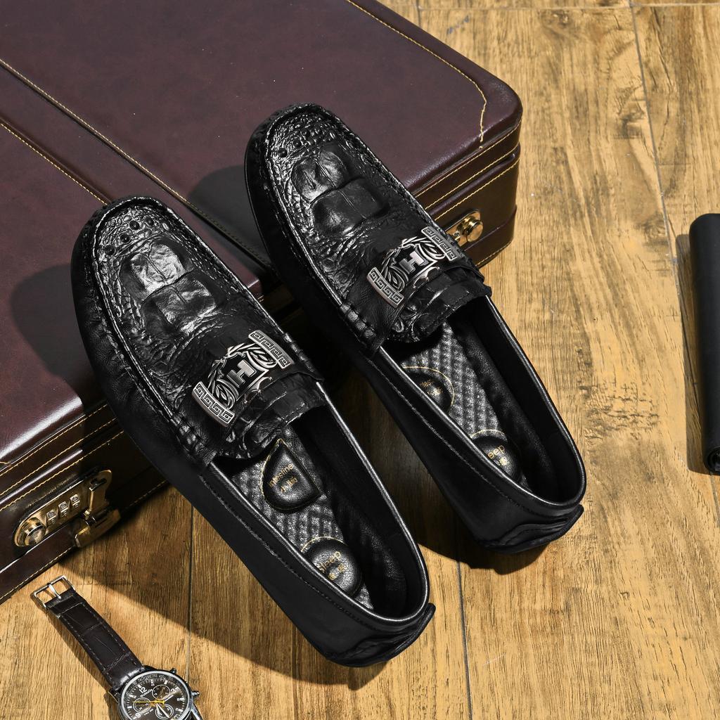 Crocodile pattern beanie shoes lazy driving shoes British casual men's leather shoes genuine leather H