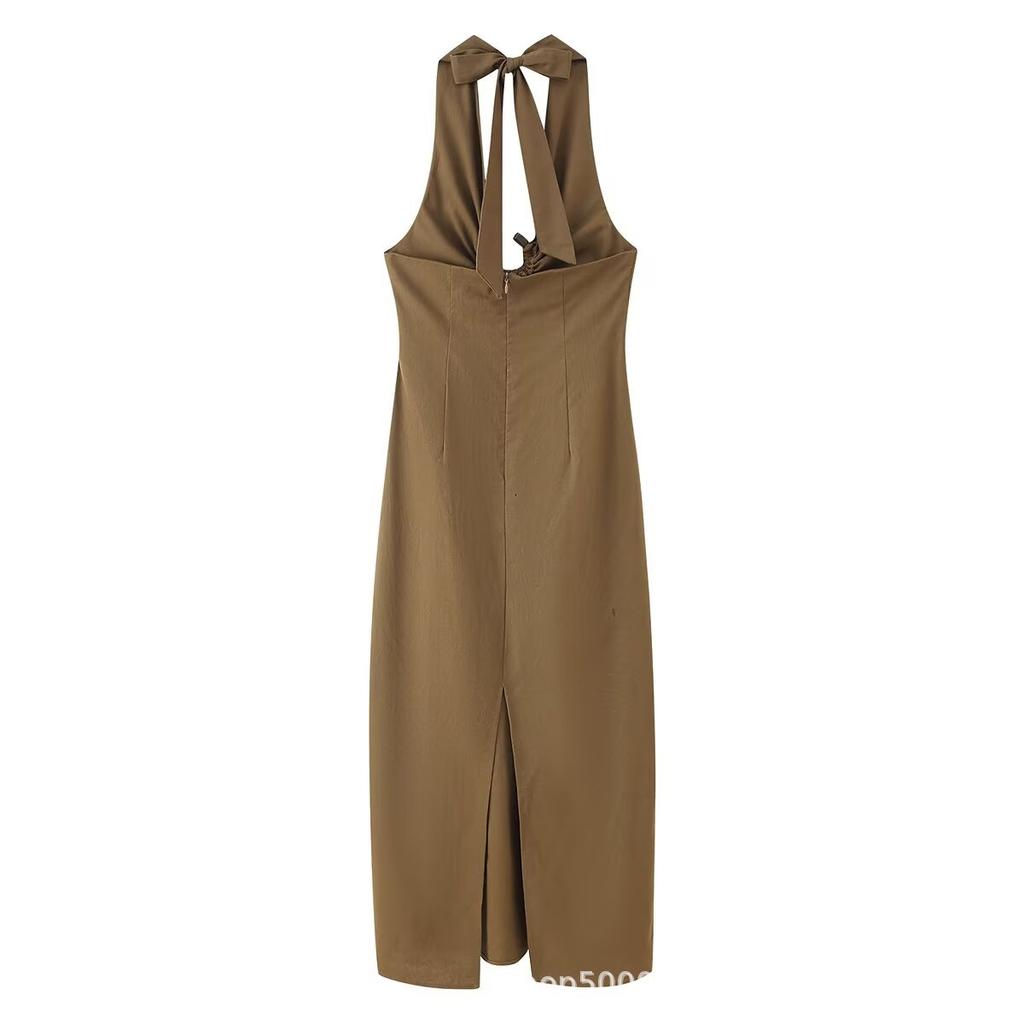 Women's new European and American style fashion linen blend buckle decoration neck Midi dress