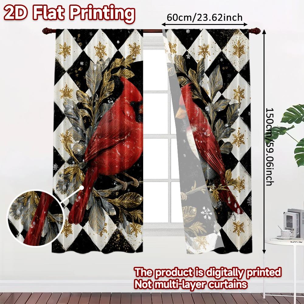2pcs, 2D FLAT PRINTING Curtains (Without Rod) Cardinal Wreath Holiday Curtains Polyester Curtains Decorations Inside Perfect for