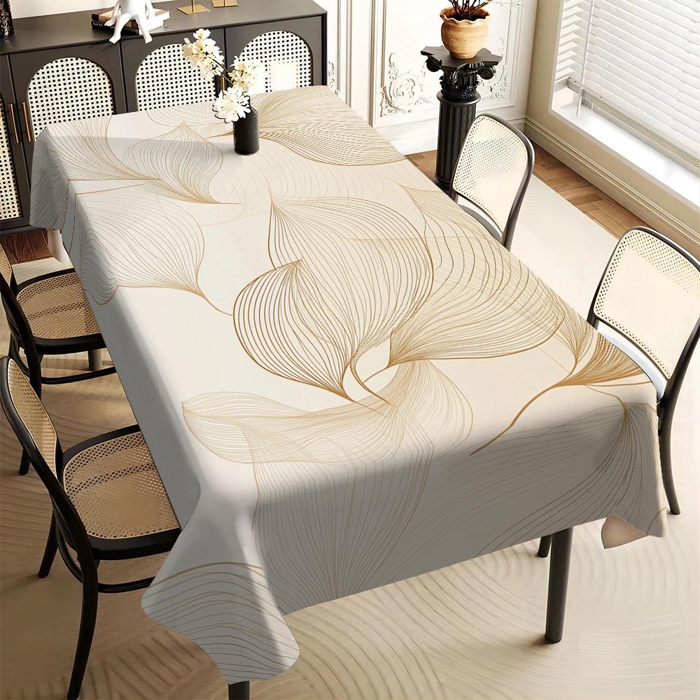 1pc Minimalist Line Art Floral Print Tablecloth, Durable Polyester, Golden Leaf-Shaped Lines, Rectangular Tablecloth, Suitable for Home Decor, Decorat