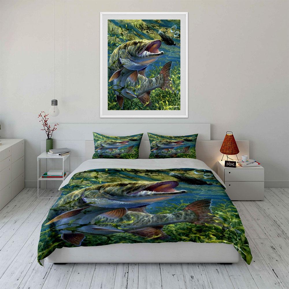 Underwater Fish Chasing Lure Bedding Set For Kids Luxury Gift 3Pcs Digital Print Comforter Set Soft Comfortable Breathable