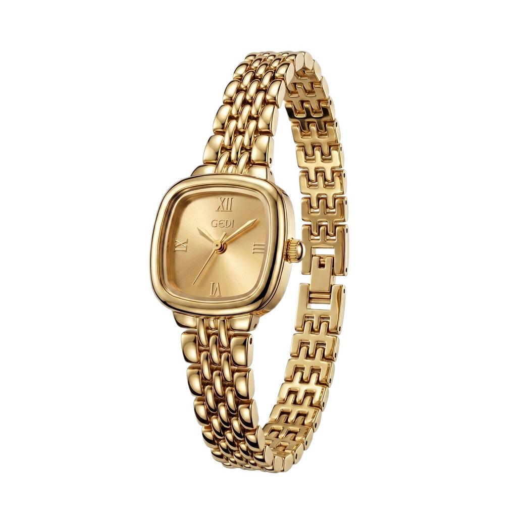 GEDI Women's Roman Numerals Gold Square Quartz Watch – Luxury, Versatile, Retro Steel Band.