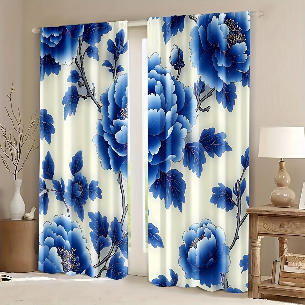 Set Of 2 Window Curtains Blue White Flowers Versatile Fabric Without Electricity Carnival Decor Curtain Made Polyester