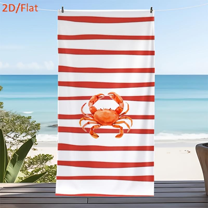 1pc 2D Flat "Summer Beach Style: Red Striped Background with Orange Crab Pattern Beach Towel" Themed Beach Towel, Summer