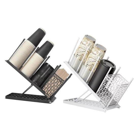 Coffee Cup Holder Lid Organizer with Straw Holder 4 Compartment Coffee Cup Dispenser Adjustable Coffee Bar Organizer