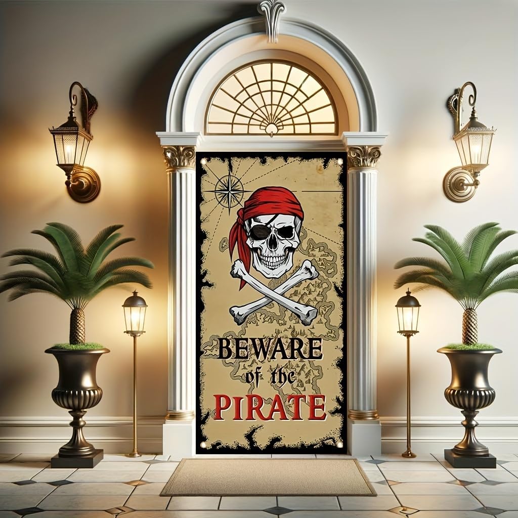 Pirate Door Cover Banner Beware of the Pirate 71x35 Inch Party Door Sign for Front Door Skull Map Design Door Cover for Halloween Theme Party Outdoor