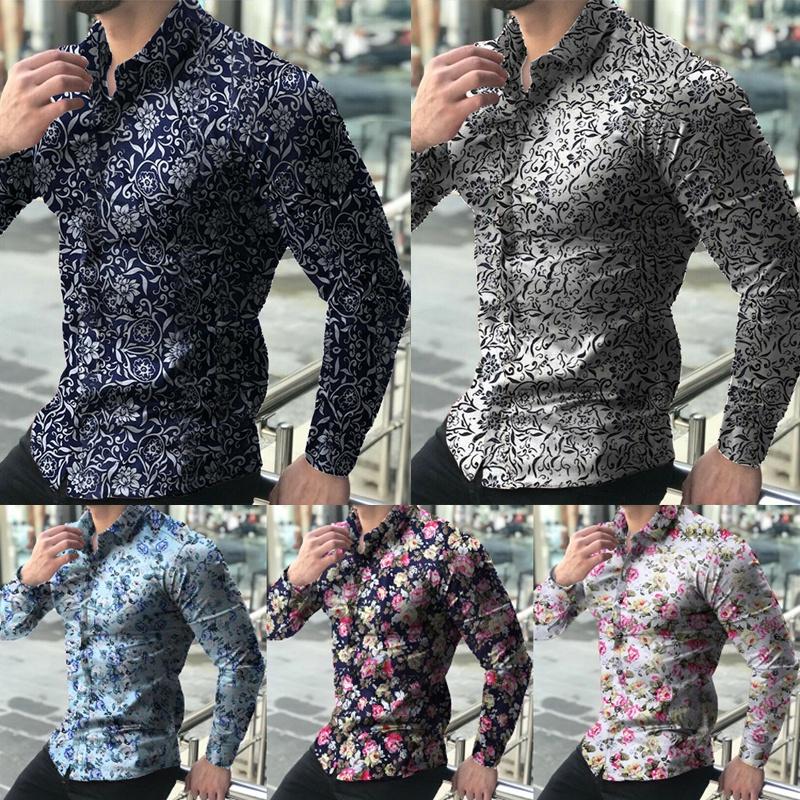Stylish Men's Casual Long-sleeve Shirt With Trendy Floral Print And Slim Fit Design