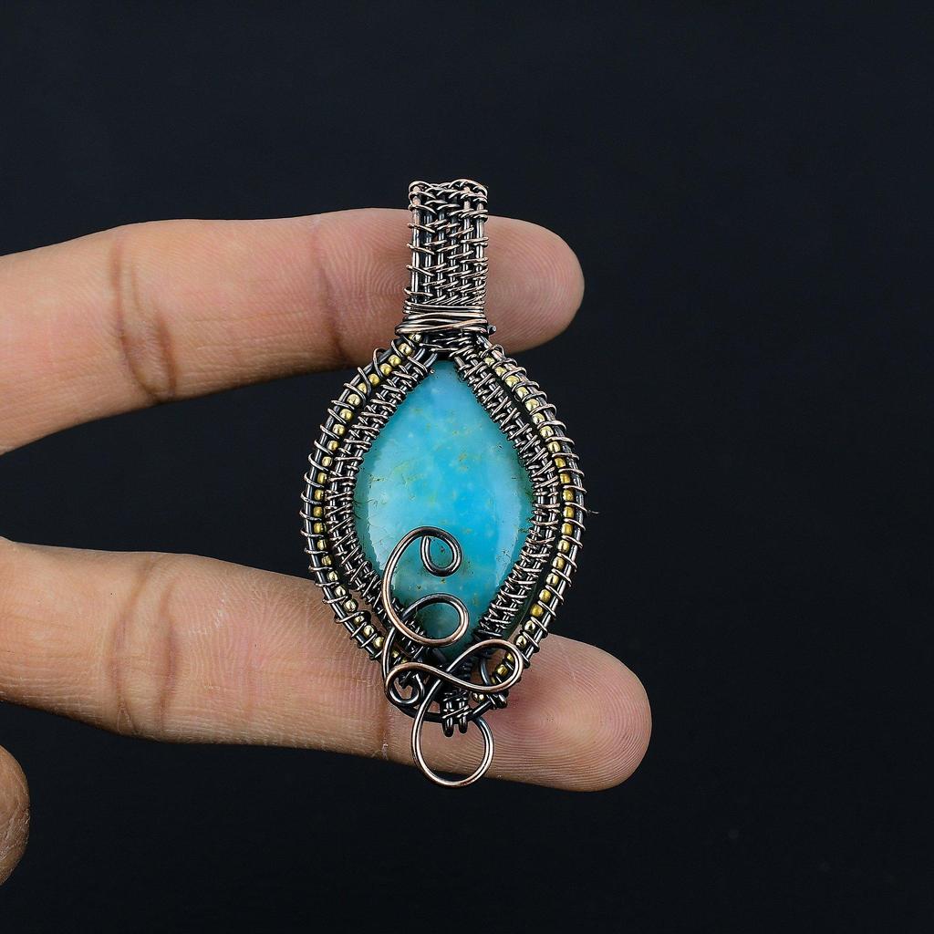 Hemimorphite Pendant, 999 Copper Wire Wrapped Gemstone Jewelry, Handmade Pendant, For Thanksgiving