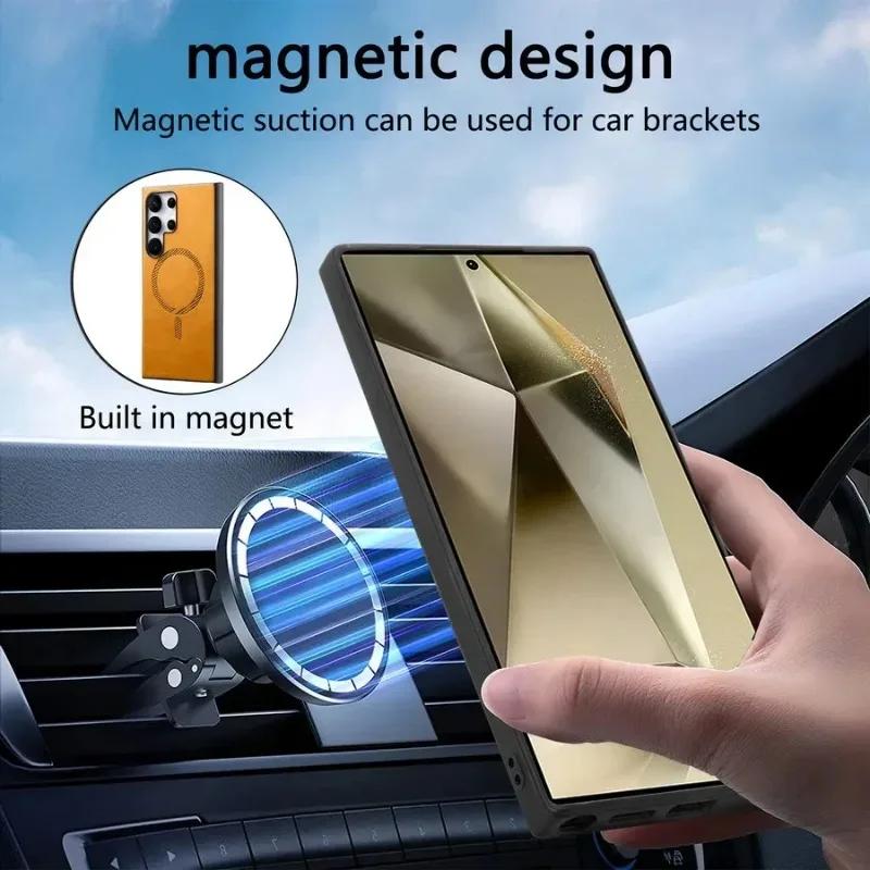 Pouzdro pro Samsung Galaxy S24 Ultra S23 Plus S23FE Kryt pro Magsafe Magnetic Luxury Plain Leather Wireless Charging Shell pro Samsung S24+