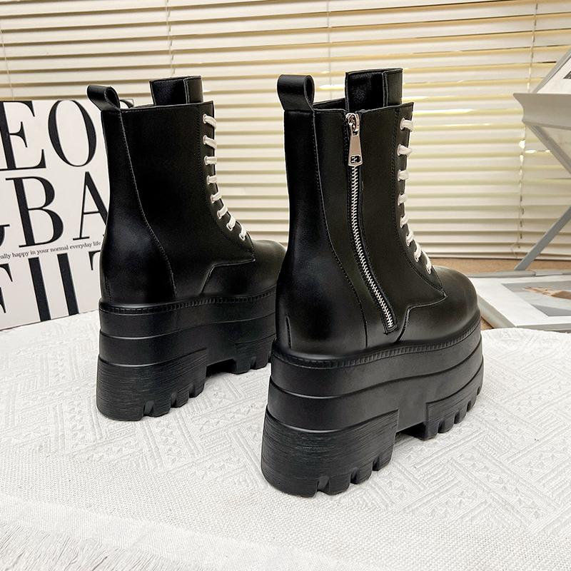 Mode 17 CM,13CM Damen Plateau Stiefel Lässige Outdoor Schuhe Klobig Schlicht Schnürdesign Stiefeletten Cool Nachtclub Party Schwarze Schuhe