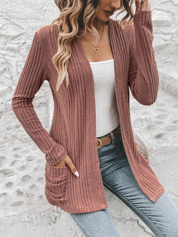 Women S Solid Ribbed Brushed Casual Long Sleeve Cardigan Coat S красный
