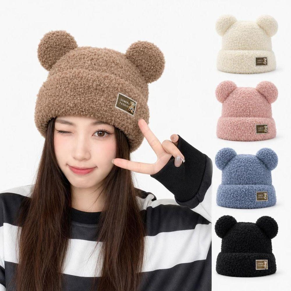 Cute Bear Ear Plush Beanie Hat Solid Color Winter Beanie Cap Knitted Warm Cap  Outdoor Activities
