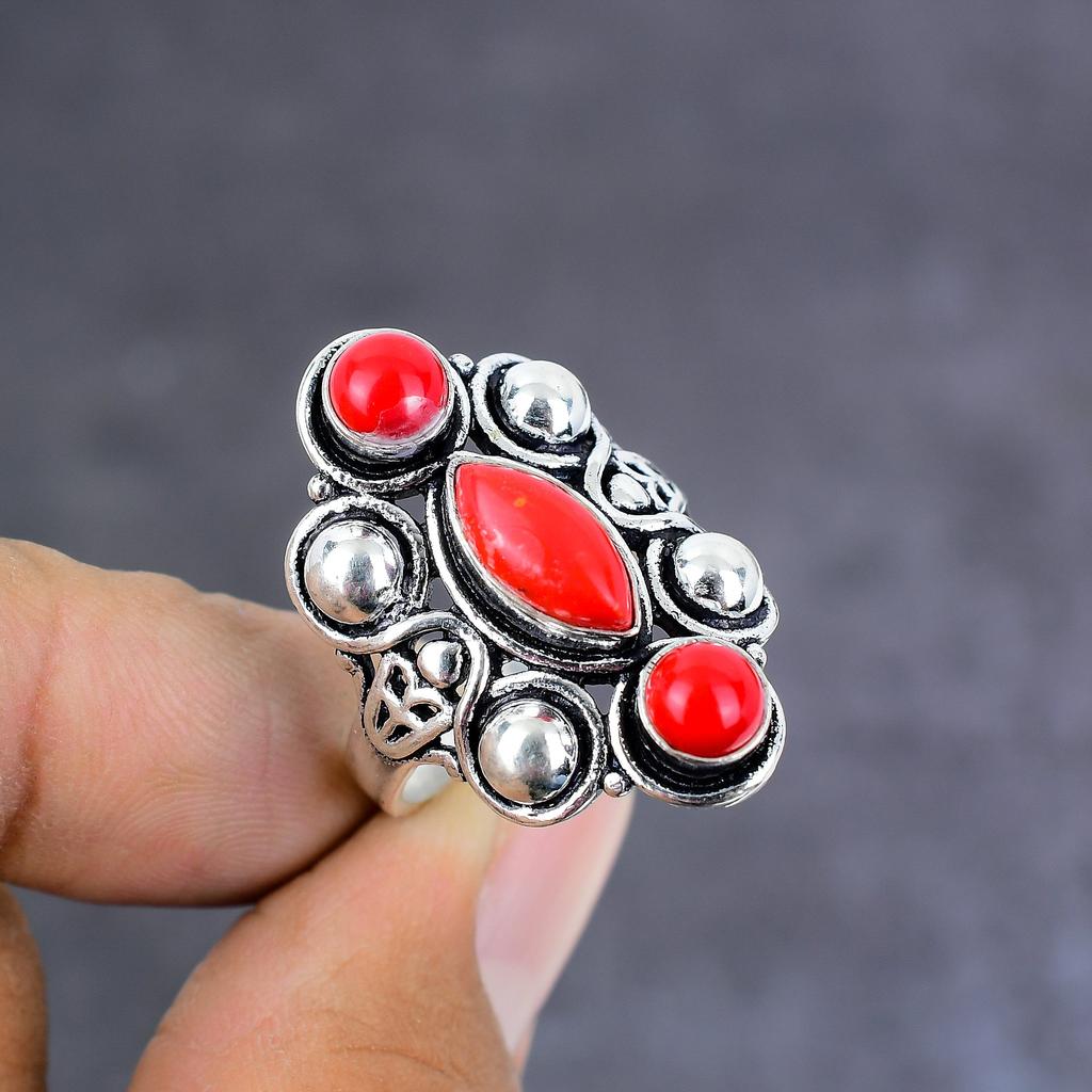 Red Coral Handmade 925 Sterling Silver Jewelry Ring Size 11 Gift For Her P0d52