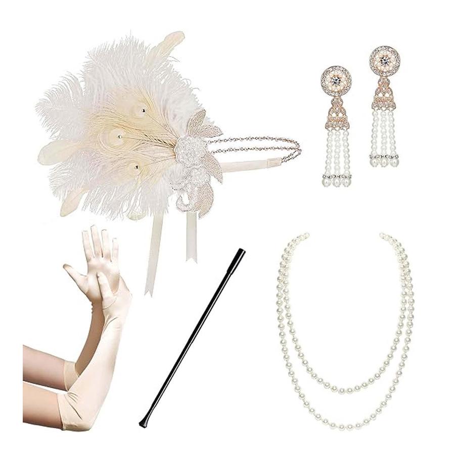 

Белый головной убор из перьев и набор украшений 1920-х годов для женщин - Маскарад/Девичник