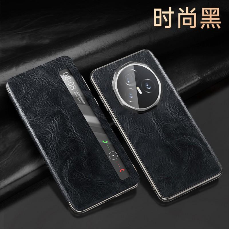 Premium Genuine Leather Flip Case Honor Magic V3 Ultra Smart Window Foldable Phone Full Coverage Shockproof Protective Cover
