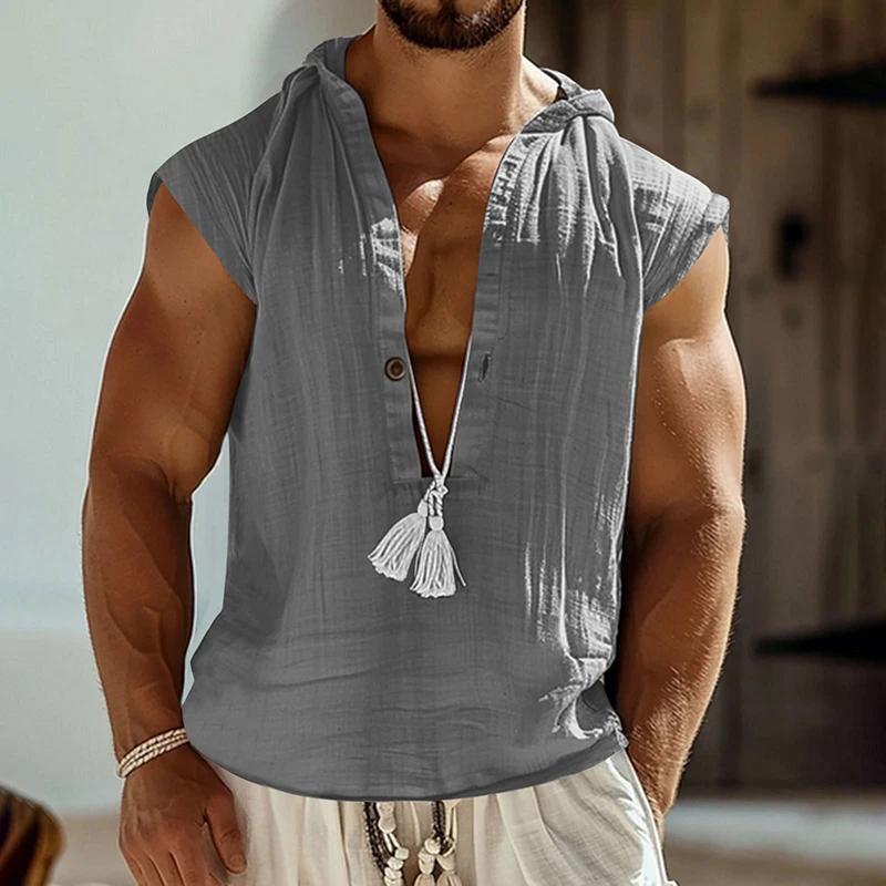 Sommer Freizeit Herren Lockere Kapuzenweste Tägliche Freizeit Atmungsaktives Leinen Tanktop Herren Vintage Ärmellos Tiefes V-Ausschnitt T-Shirts
