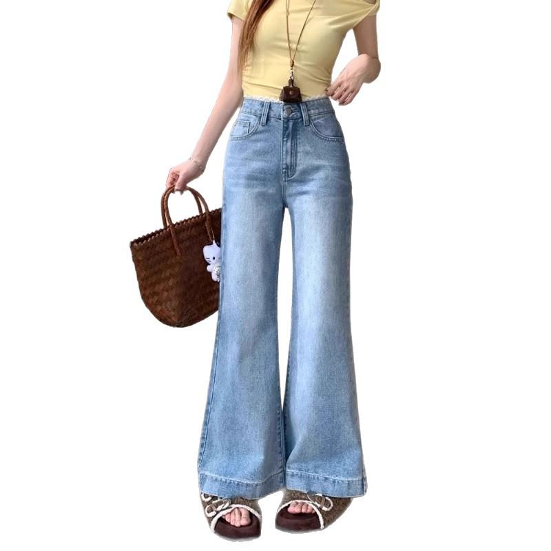 Women's Retro Light Blue High-Waisted Wide-Leg Jeans: Slimming, Loose, Floor-Length, Micro-Flare for Spring & Autumn