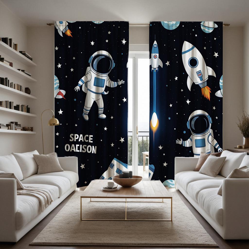 2 Pieces HD Digital Black Department Cartoon Planet Space Astronaut Curtains Home Decorating Style Decorating Living Room Bedroo