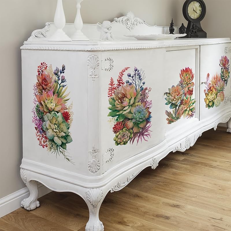 

Винтажный стильный дизайн наклейки-переводки для мебели, матовая отделка, цветочные УФ-DTF наклейки, уникальные узоры для DIY тумбочки, шкафа, комода, Vivid Succulents Theme