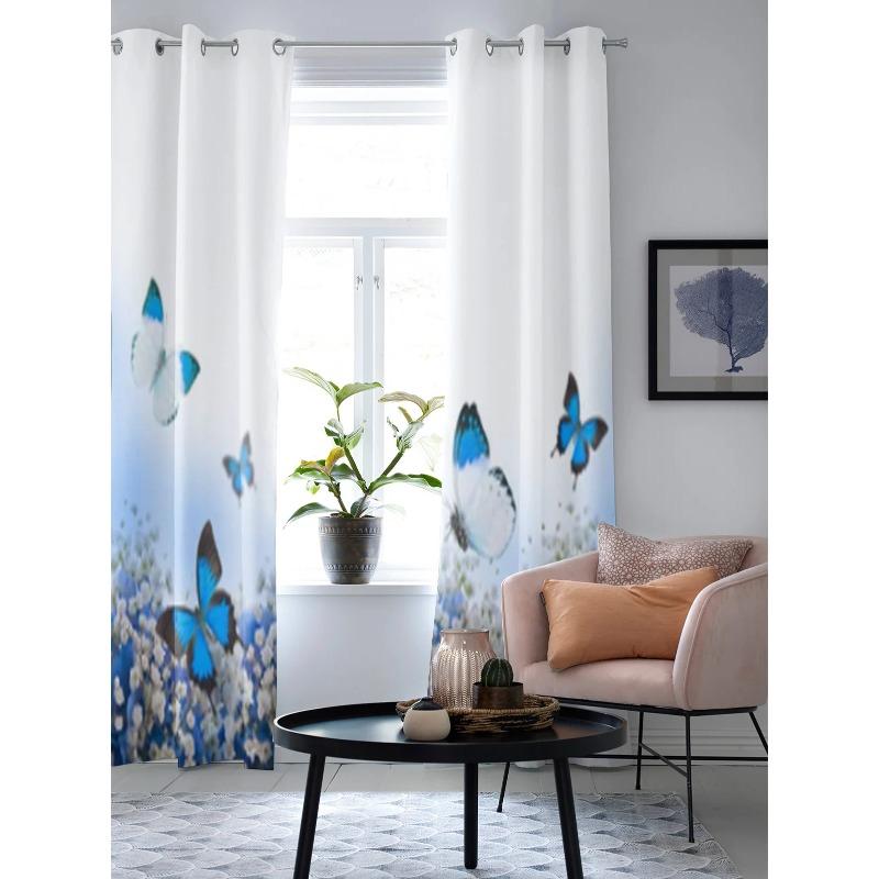 Blå Hortensia Och Fjärilar Fönstergardiner För Vardagsrum Kök Moderna Gardiner Heminredning Persienner Draperier