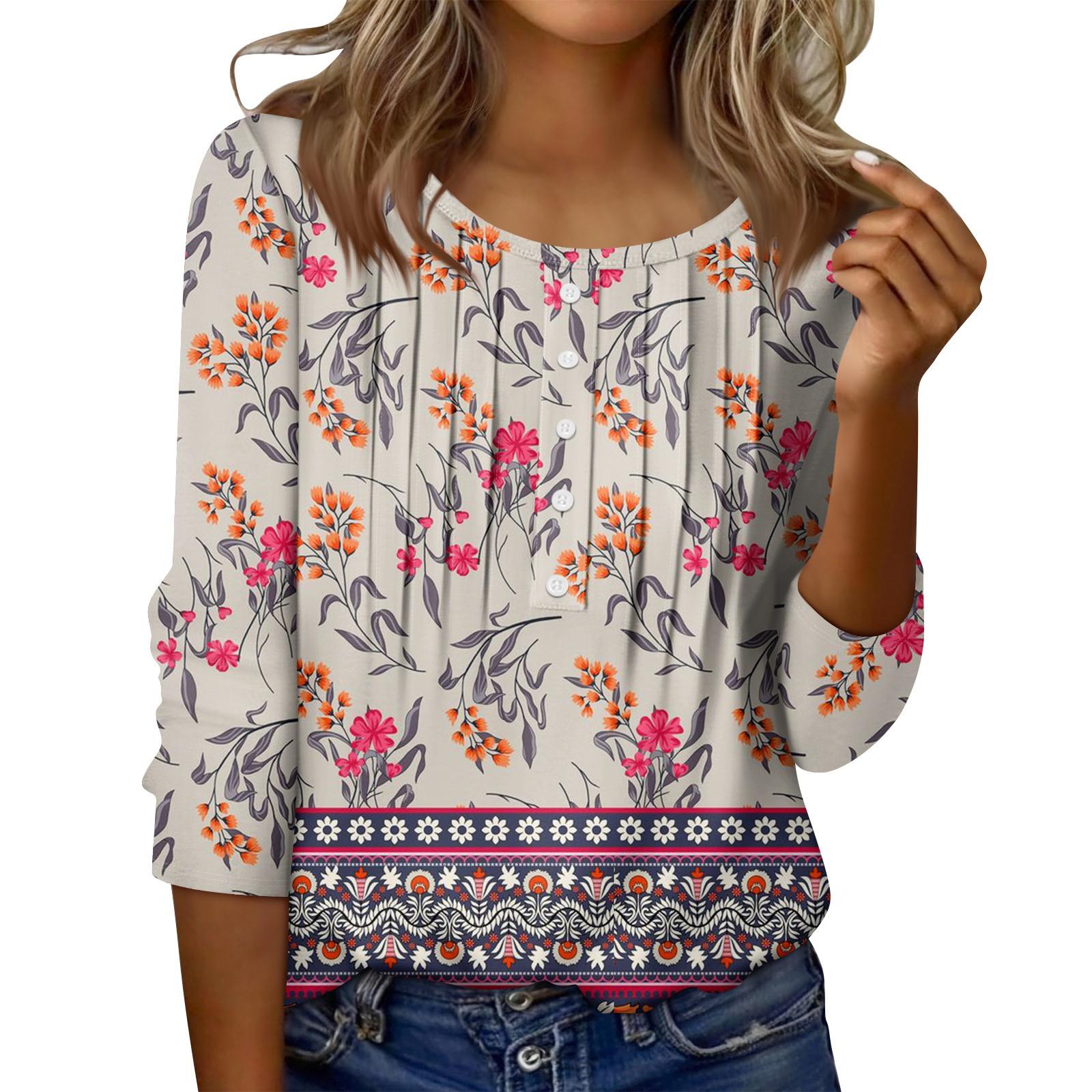 

Women s Round Neck Pull Stripe Decorative Button Top Casual Solid Color 3/4 Sleeve T Shirt XXL хакі