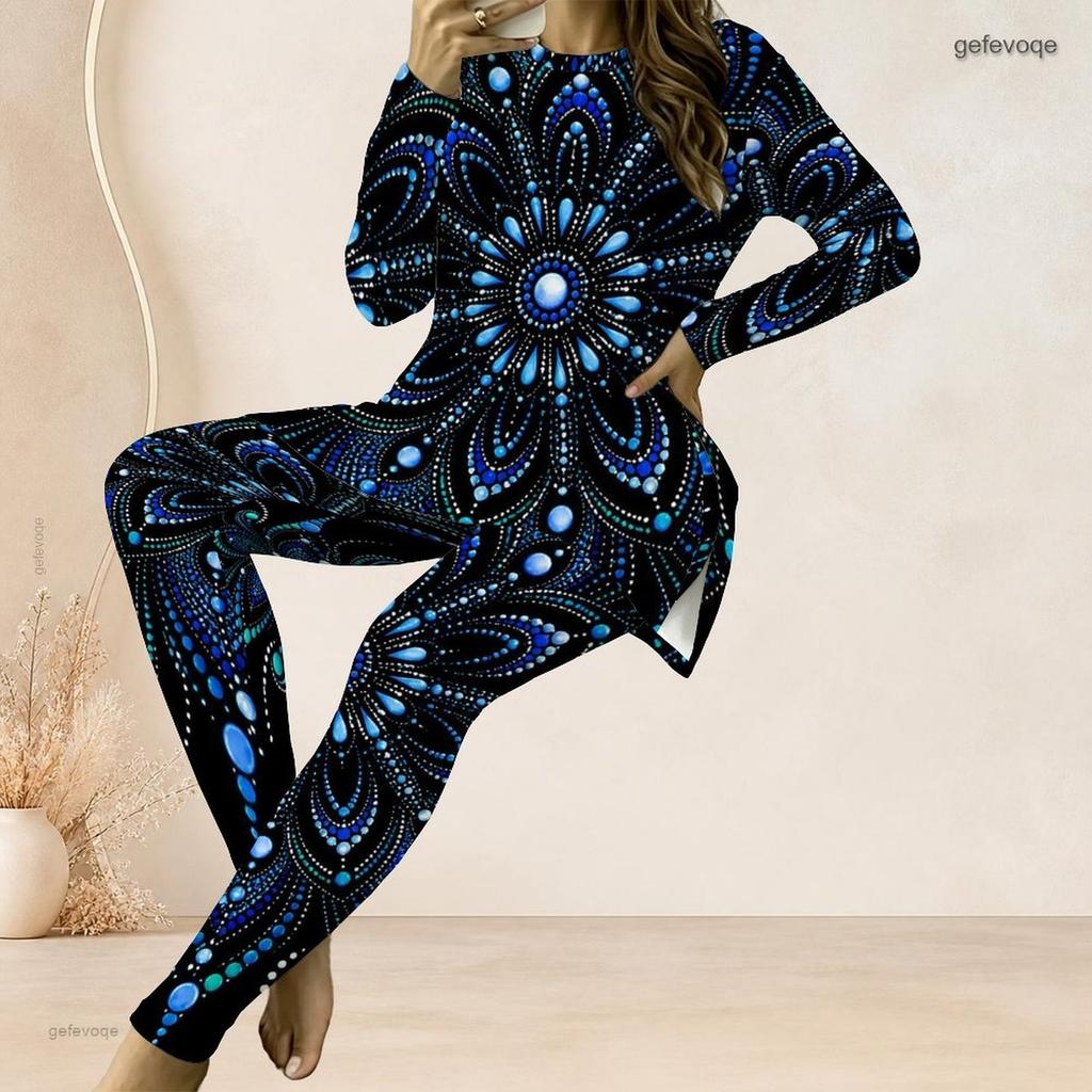 Women Plus Size Round Neck Long Sleeve Printed Longline Top Fitted Pants Two Piece Set