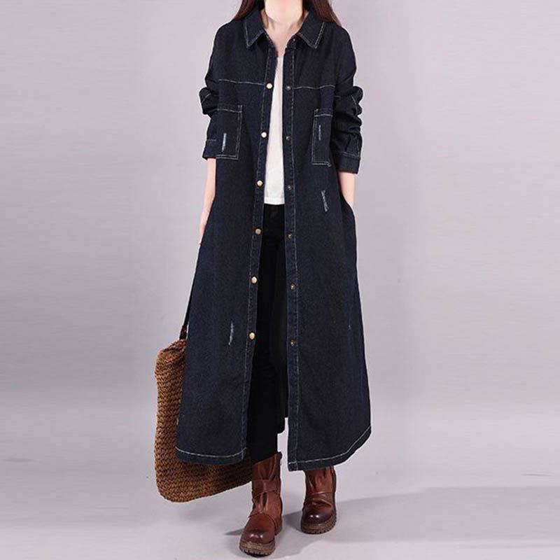 Denim Cotton Jacket Women Large Size Loose Solid Color Trench Coat Long Coat