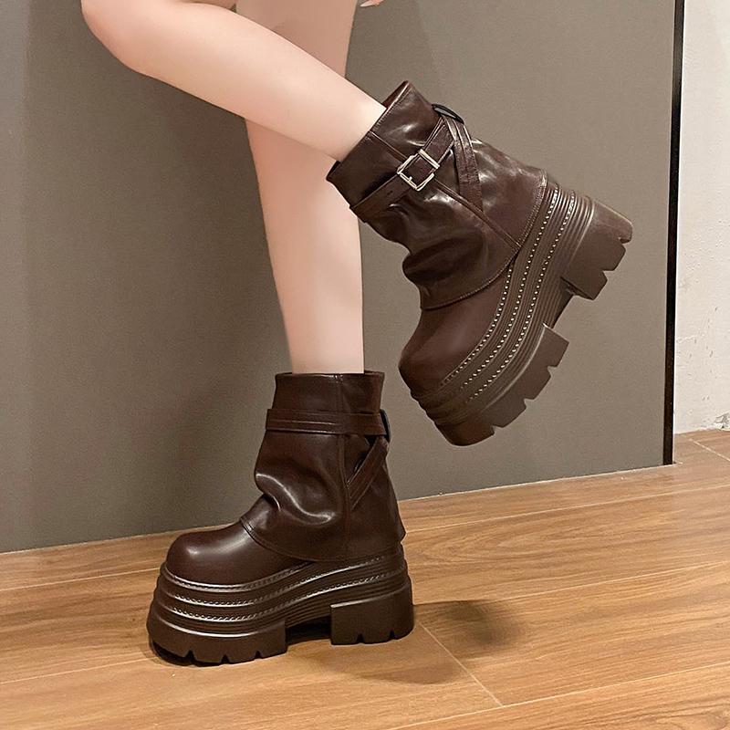 Fashion Women High Platform Ankle Boots Autumn Winter Gothic Style Leather Shoes Buckle Punk Motorcycle Boots Round Toe Chunky Sneakers