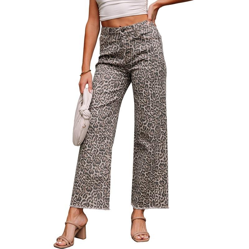 Women s High Waist Straight Leg Jeans Leopard Print Raw Frayed Hem Denim Long Pants 4