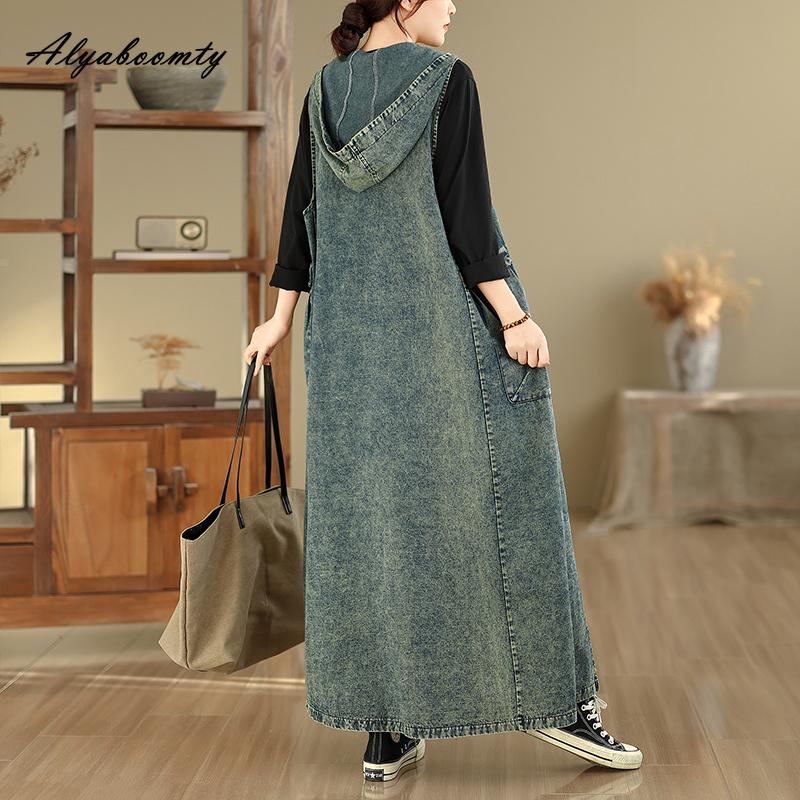 2026 Plus Size Spring Summer Women Tank Midi Dress Hooded V Neck Casual Loose Baggy Vintage Dress Sleeveless Denim Split Dress With Pocket