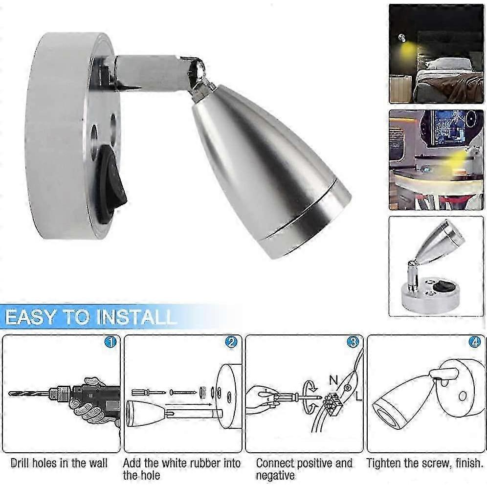 2pcs 12V LED Spot Reading Light, 3W RV Interior Light, 180° Rotate Bedside Wall Lamp, 3000K Warm Light for Campervan Motorhome Caravan Boat