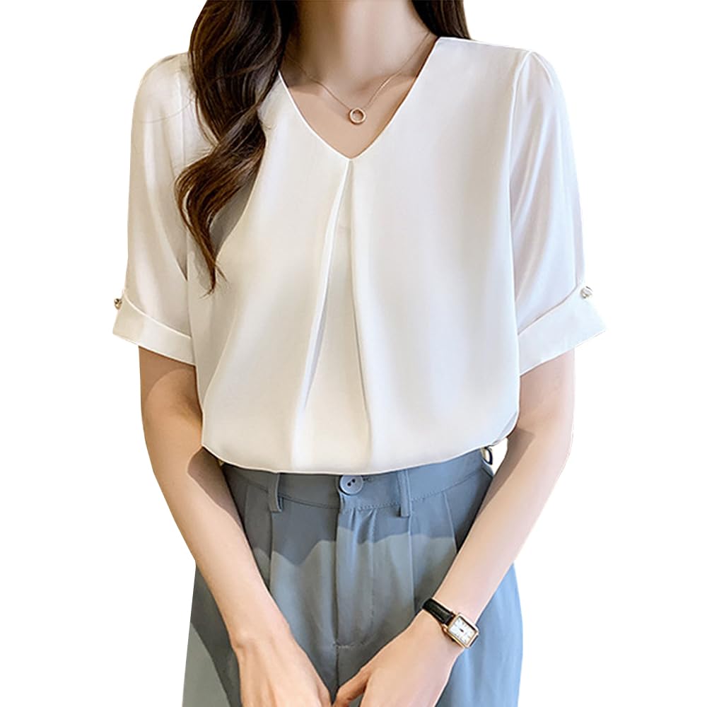 Short Commuting [Hovnbiexe] Women's Blouse, Sleeve, Office, Casual, Shirt, V-Neck, Summer, Chiffon, Top, Stylish, Business, (M, White)