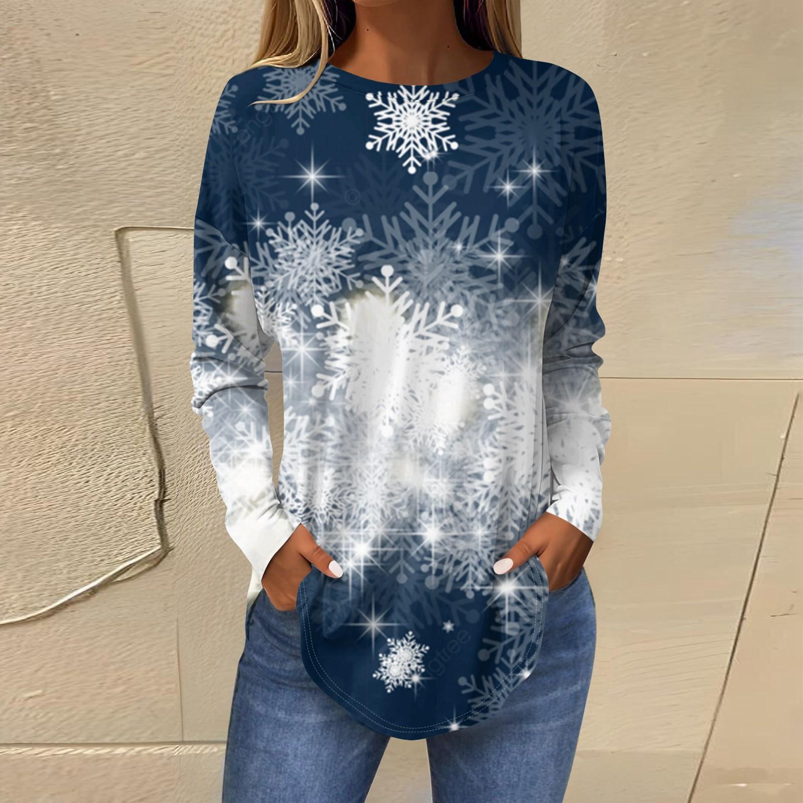 

Футболки для женщин, осенние повседневные рубашки с длинными рукавами, толстовка с ретро-принтом, топ для рождественской вечеринки, пуловер XXL