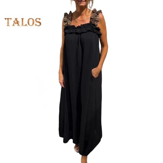 Women's Sleeveless Maxi Dress Ruffle Strap Square Neck Long Dress Casual Boho A-line Dress with Pocket Summer Beach Sundress