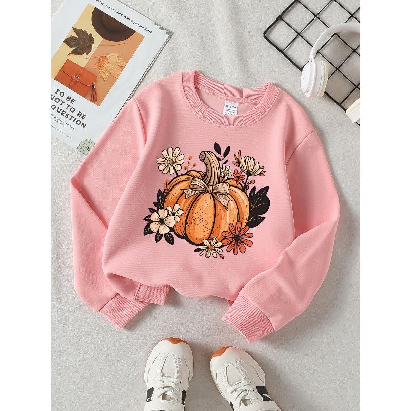 Girls Halloween Crew Neck SweatshirtAutumn Pumpkin Floral Print Design, Fun Print Kids Autumn Clothing