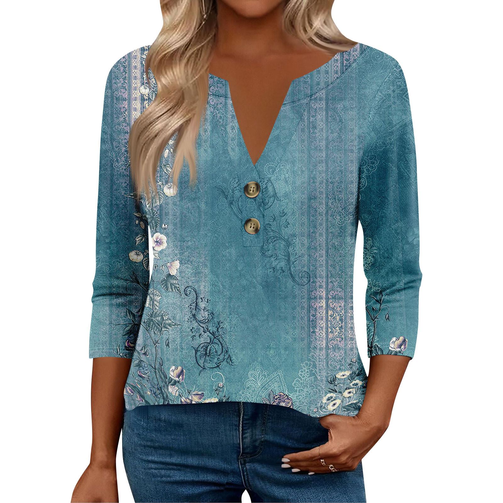

Женские топы с рукавом 3/4 для женщин, топы хенли на пуговицах с V-образным вырезом, нарядные летние женские топы свободного кроя XL небесно-голубой