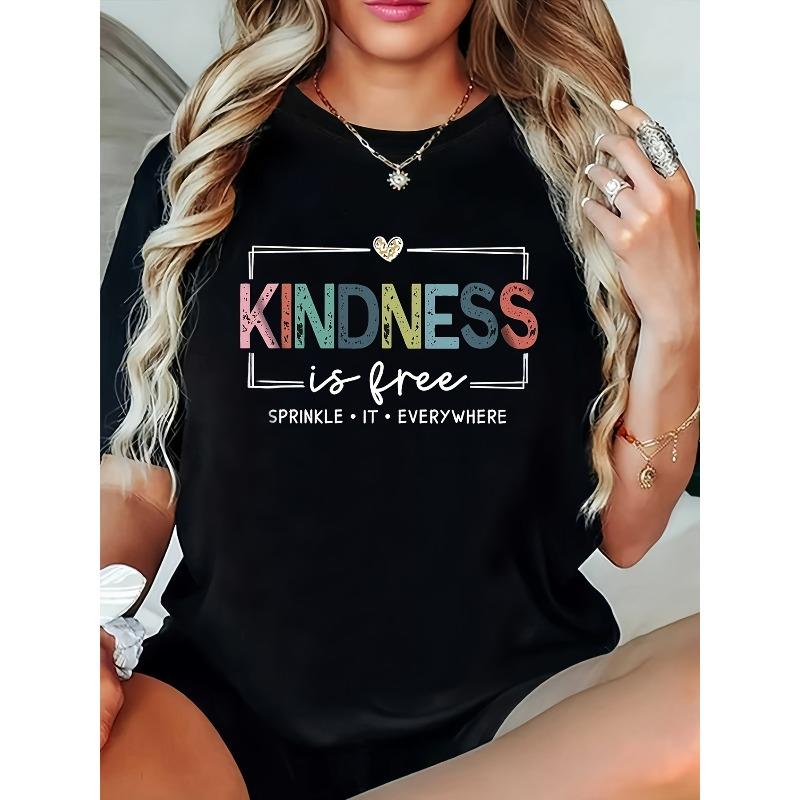 Plus Size Women's T-Shirt KINDNESS Rainbow Slogan Print Crew Neck Short Sleeve Gentle Casual Top