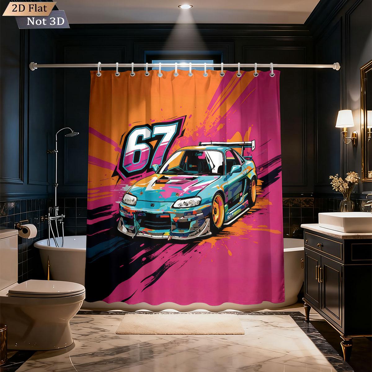 1Pc Cyber Mechanical Style Racing Print Waterproof Shower Curtain Partition Privacy Hanging Curtain 12 Hooks Various Sizes W60H190(CM)-1 Pcs