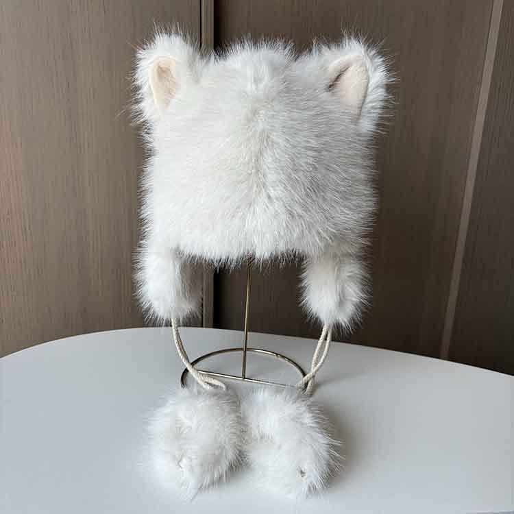 Ladies Cute Fox Ears Lei Feng Hat Winter Thickened Hanging Ball Ear Hat Student Travel Warm Plush Hat