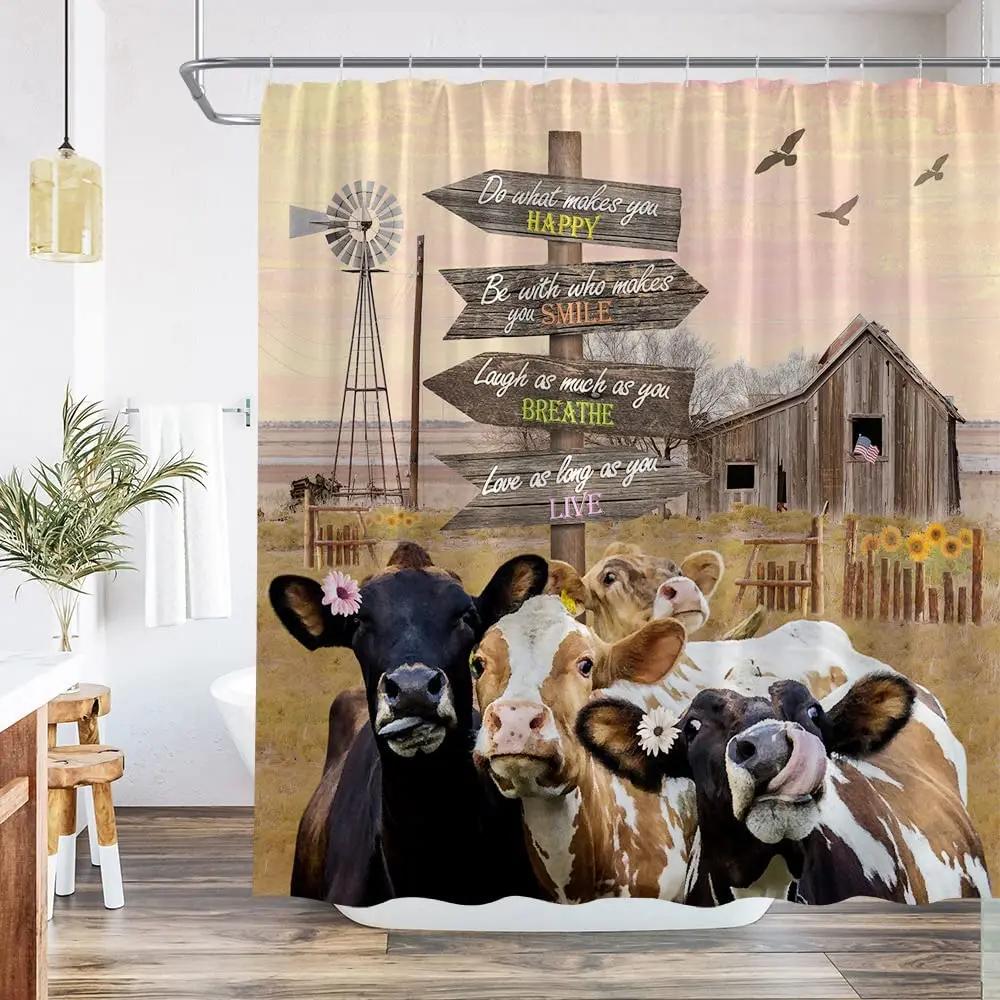 Cute Cow Bull Shower Curtain with Hooks Modern Fashion Funny Western Farm Animal Bathroom Curtain Polyester Bath Screen