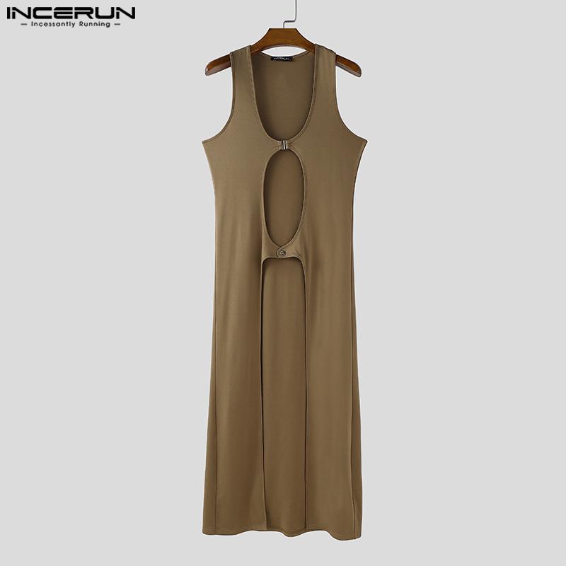 INCERUN Men U Neck Sleeveless Cutout Button Casual Long Tanks Cardigan