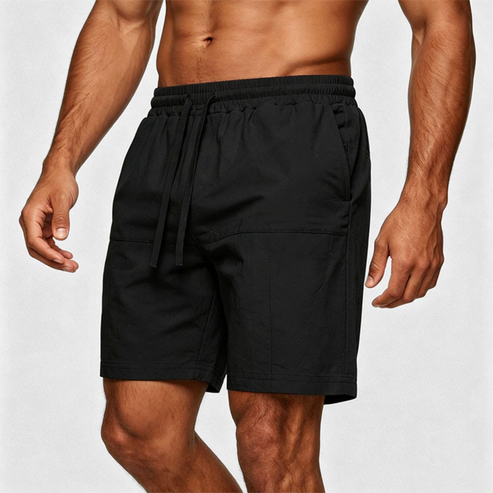 Herren Leinen Leichte Atmungsaktive Shorts Kordelzug Taille Lockerer Schnitt Elastisch Lässig Strand Fitnessshorts für Urlaub Training M schwarz