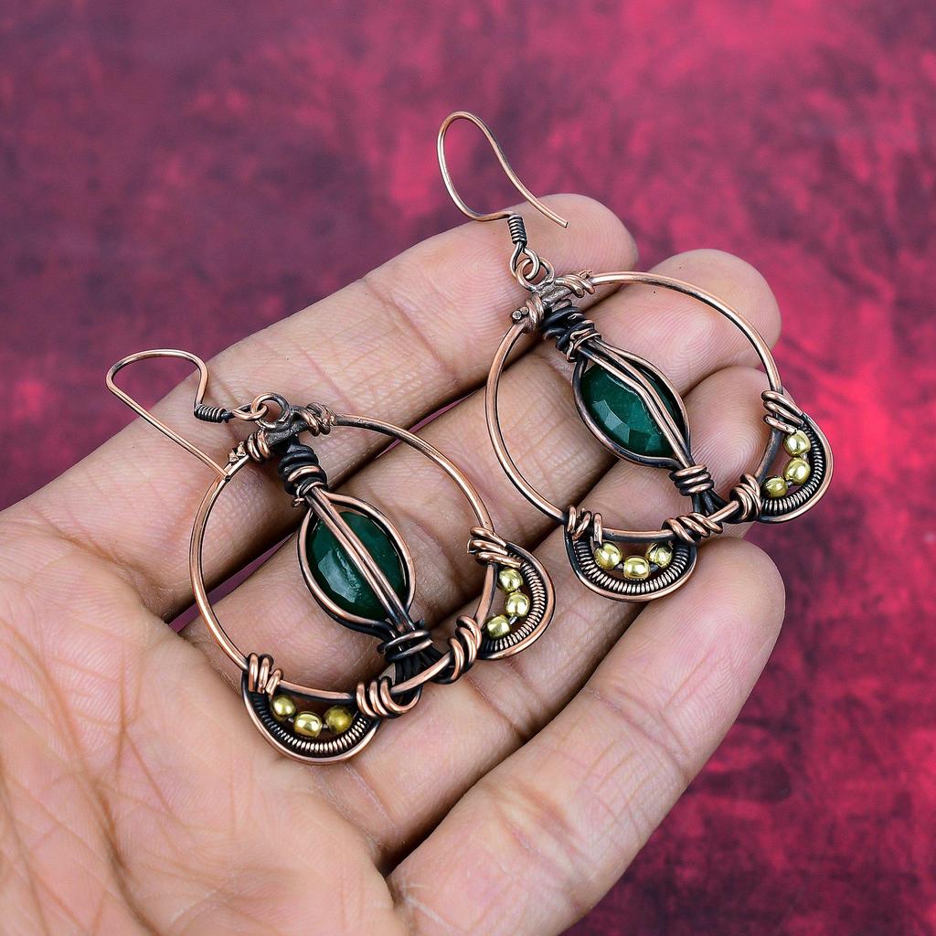 Faceted zambian emerald earring copper wire wrapped earrings handmade gemstone earring copper wire wrap jewelry gift for women drop earrings