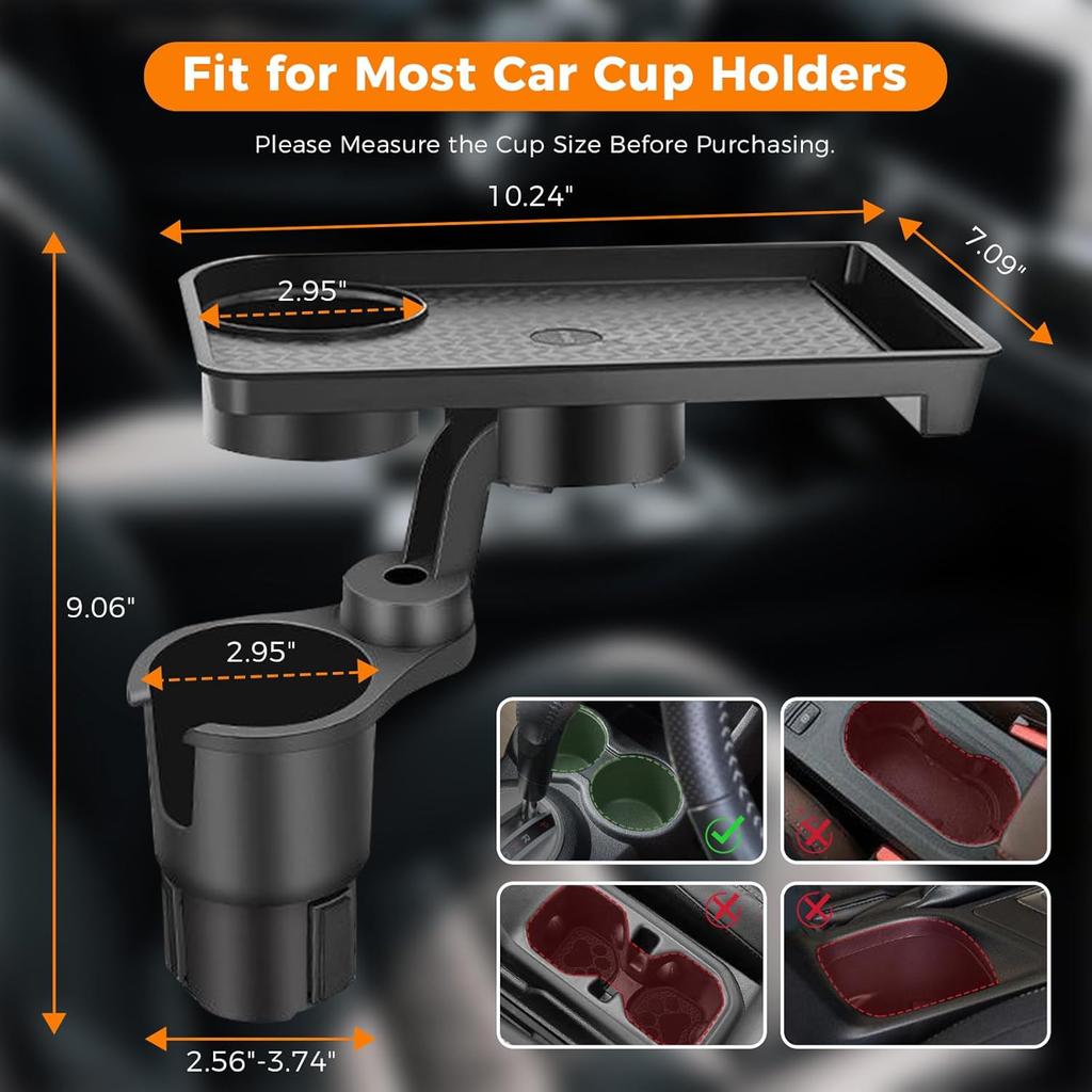 3-in-1 Car Cup Holder Tray, 10.24" Car Trays Organizer with Double Cupholders & Phone Holder for Eating, Travel