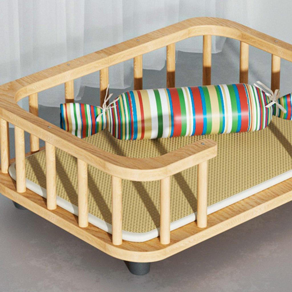 Wooden Pet Bed with Raised Fence, Breathable, Elevated Sofa Made of