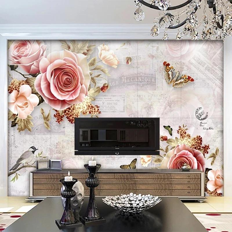 Moderne handgemalte Rosen Tapete Blumen Schmetterling 3D Wandbild Wohnzimmer Schlafzimmer Romantische Dekoration Tapete