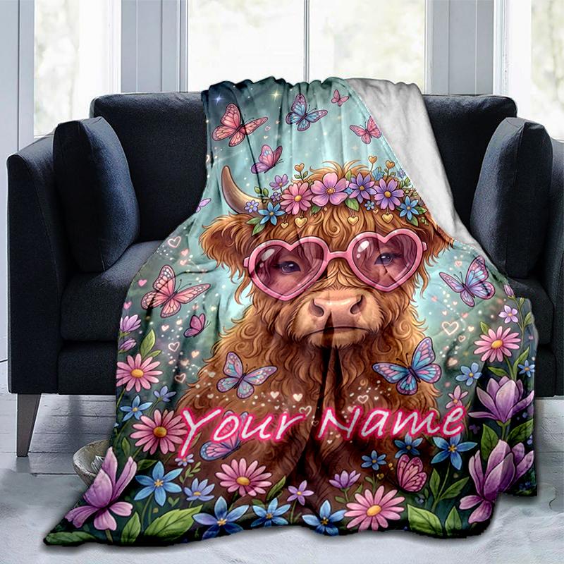 1PC Custom Name Fantasy Cow Flowers Blanket Versatile,all-season Throw Suitable for the Living Room,bedroom,camping,travel,and Gift