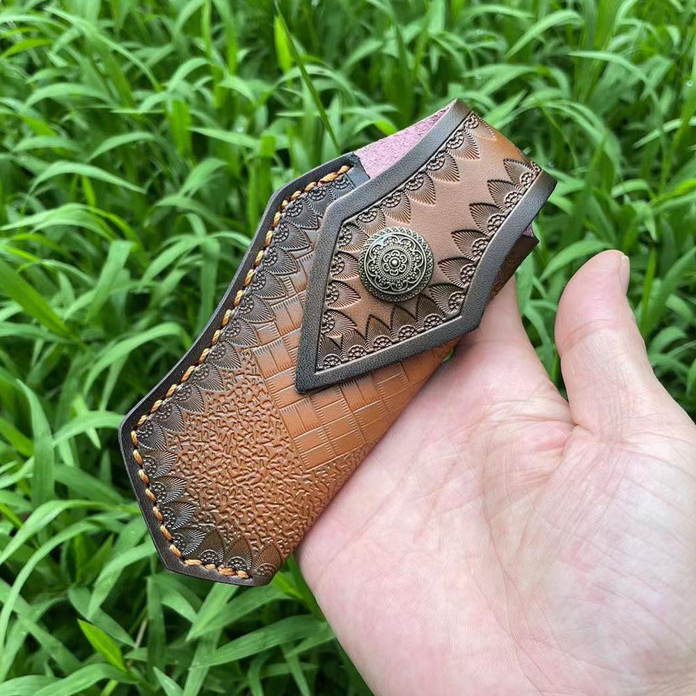 15cm Foling Knife Embossed Cowhide Scabbard Cover Second Layer Leather Sheath Case Camping Knife Holsters Belt Buckle